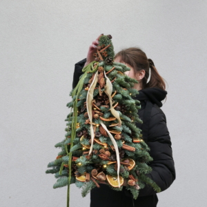 naturalna choinka z dekoracją z suszu pomarańczy, szyszek, cynamonu