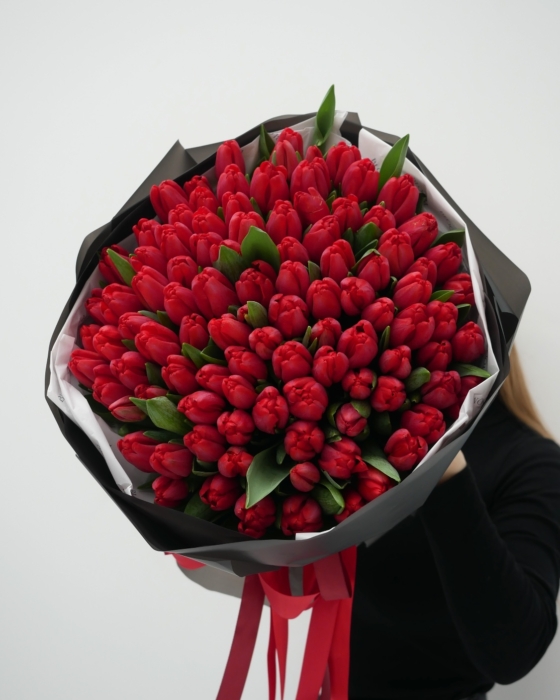 101 czerwony tulipan w opakowaniu dekoracyjnym