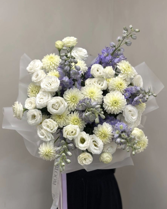 Bukiet trio [Dahlia, Lisianthus, Delphinium]