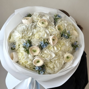 trio bouquet, jaskry, hortensja, oxy